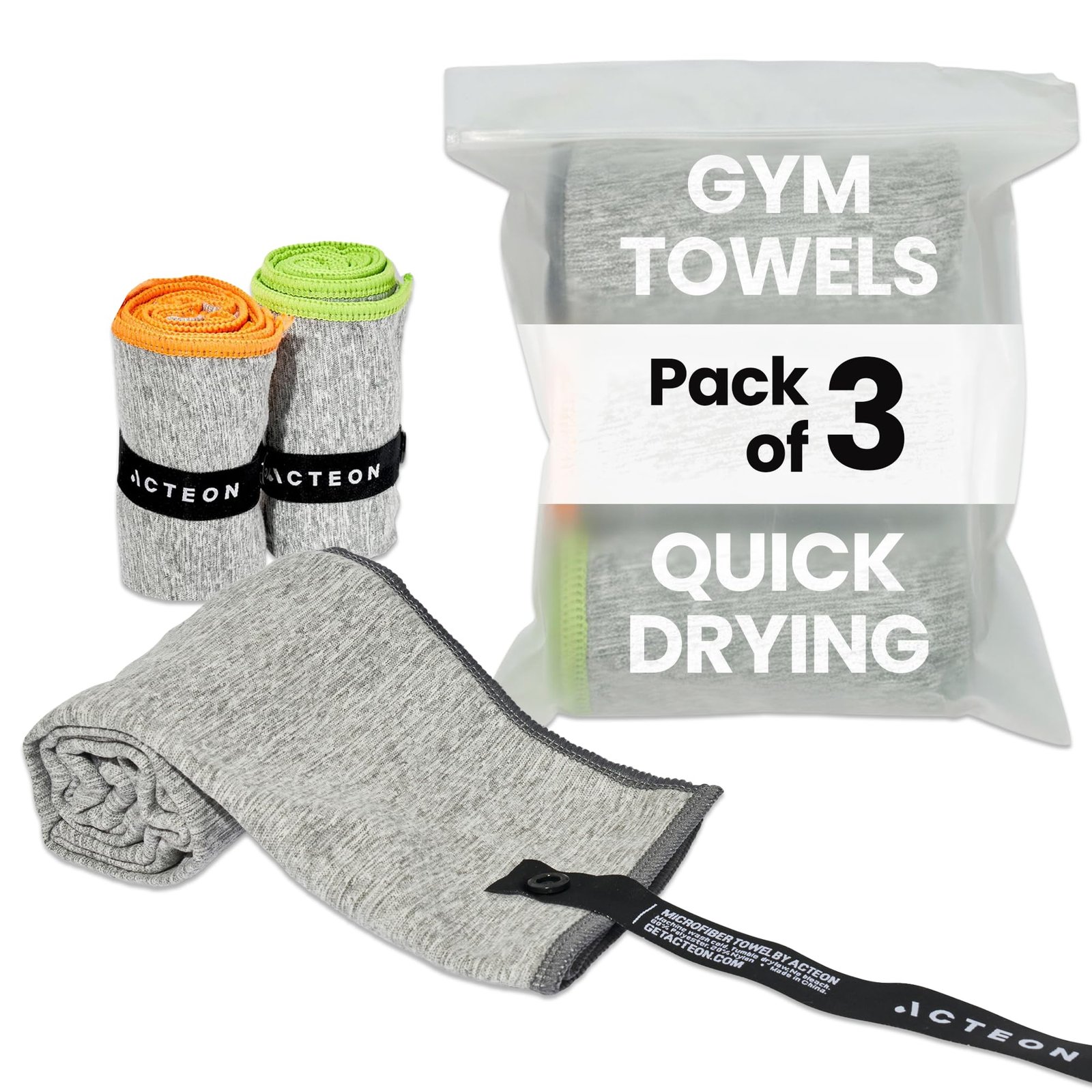 Acteon New Microfiber Quick Dry Gym Towel, Silver ION Odor-Free Mega Absorbent Fiber, Fast Drying, Men & Women Small Workout Gear for Body Sweat