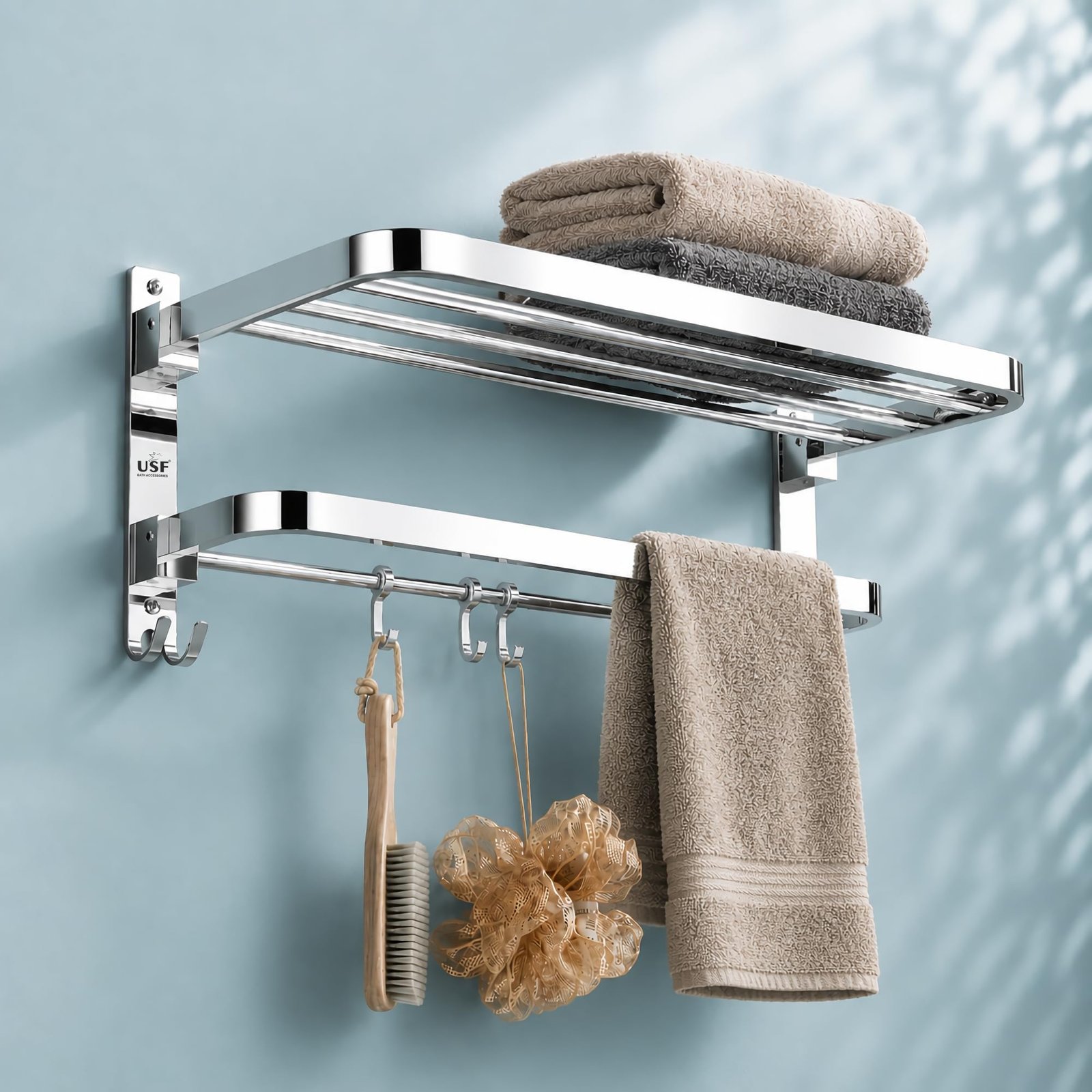 USF Heavy Duty 24-Inch Folding Towel Rack for Bathroom | Rustproof Stainless Steel | 7-in-1 Towel & Cloth Holder, Hanger, Rod, Stand, Shelf, Hooks & Bars | Wall Mounted Bathroom Accessories (Chrome)