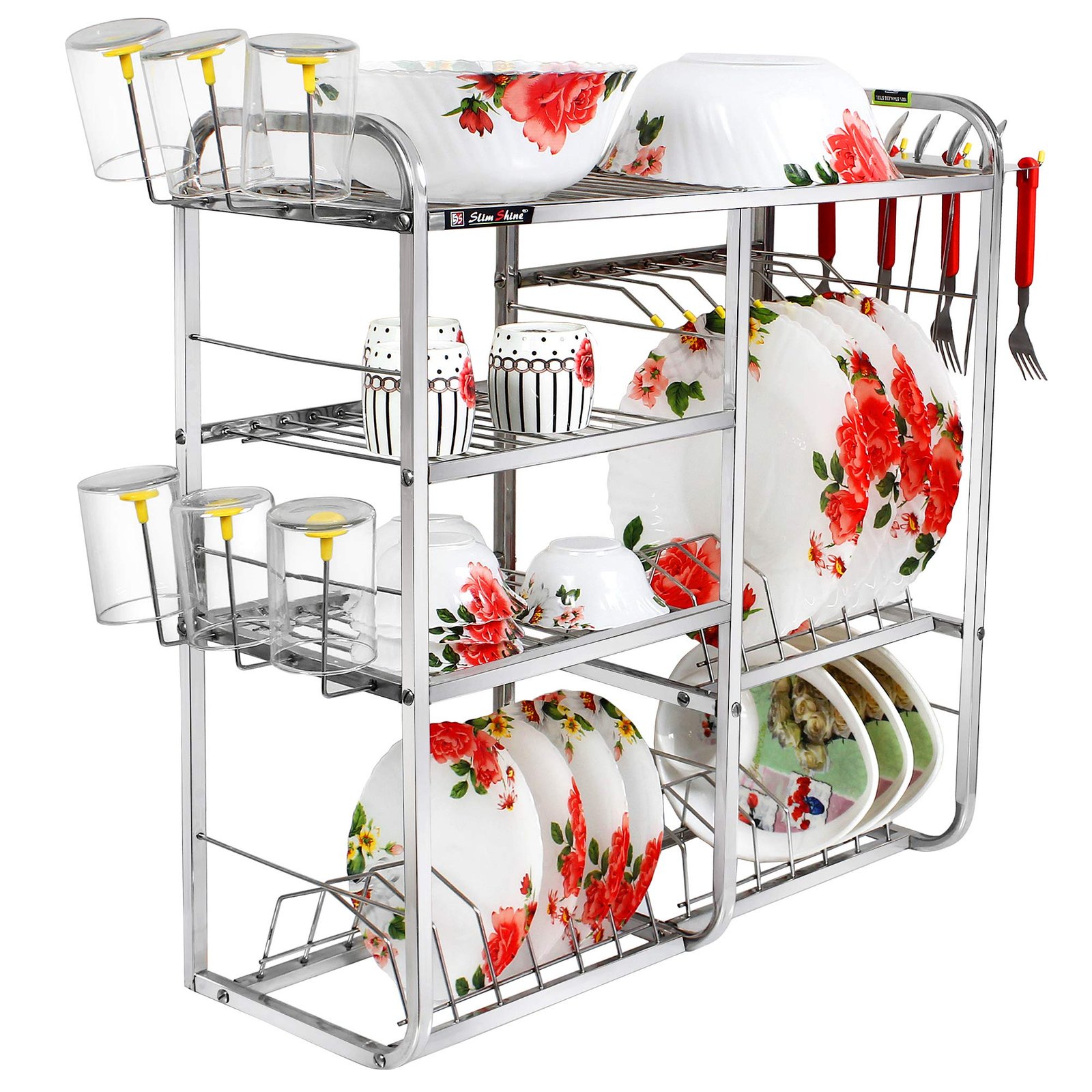 SLIMSHINE 4-Shelf Wall Mount Dish Rack | Stainless Steel Kitchen Organizer for Plates, Bowls & Utensils | Optimize Your Kitchen Organization (24 X 24 INCH)