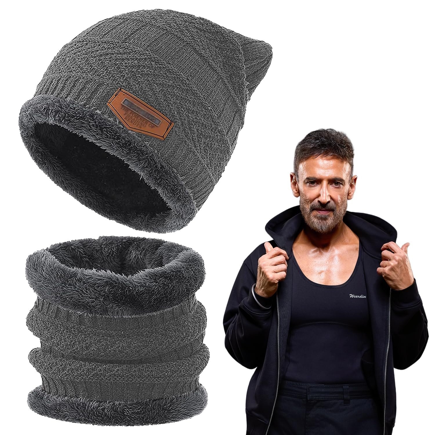 Wearslim® Warm Knit Hats, Skull Cap with Neck Warmer Winter Wear Beanie Hats Scarf Set for Men and Women