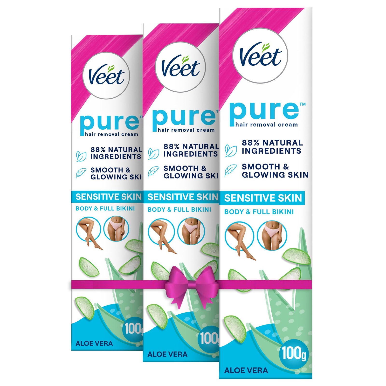 Veet Pure Hair Removal Cream for Women For Sensitive Skin – 100g (Pack of 3)| Suitable for Legs, Underarms, Bikini Line, Arms | Long Lasting Smoothness