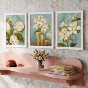 PAINTINGMANTRA – White Flower Set of 3 White Framed Painting,UV Textured Art Prints 8×12 Inch