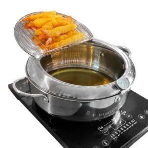 Saltlas Deep Fryer Pot (°F), 11″/4.4Qt (4.2 L) Extra Large Tempura Frying Pot with Lid, 304 Stainless Steel Fry Pot with Fahrenheit Thermometer and Oil Drip Drain Rack