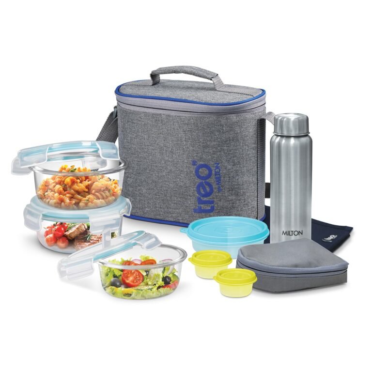 Treo by Milton All Fresh Premier Glass Tiffin with Bag, Set of 8 (3 Containers, 400ml Each; 1 Steel Bottle, 750 ml; 2 – Pickle/Chutney Dabba, 30ml Each; 1 Salad/Papad Dabba, 200ml; 1 Dining Mat)