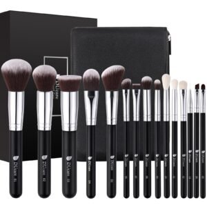 DUCARE Premium Synthetic Kabuki Foundation Eyeshadow Makeup Brushes with Cosmetic Bag Set (Black), 15 Pcs