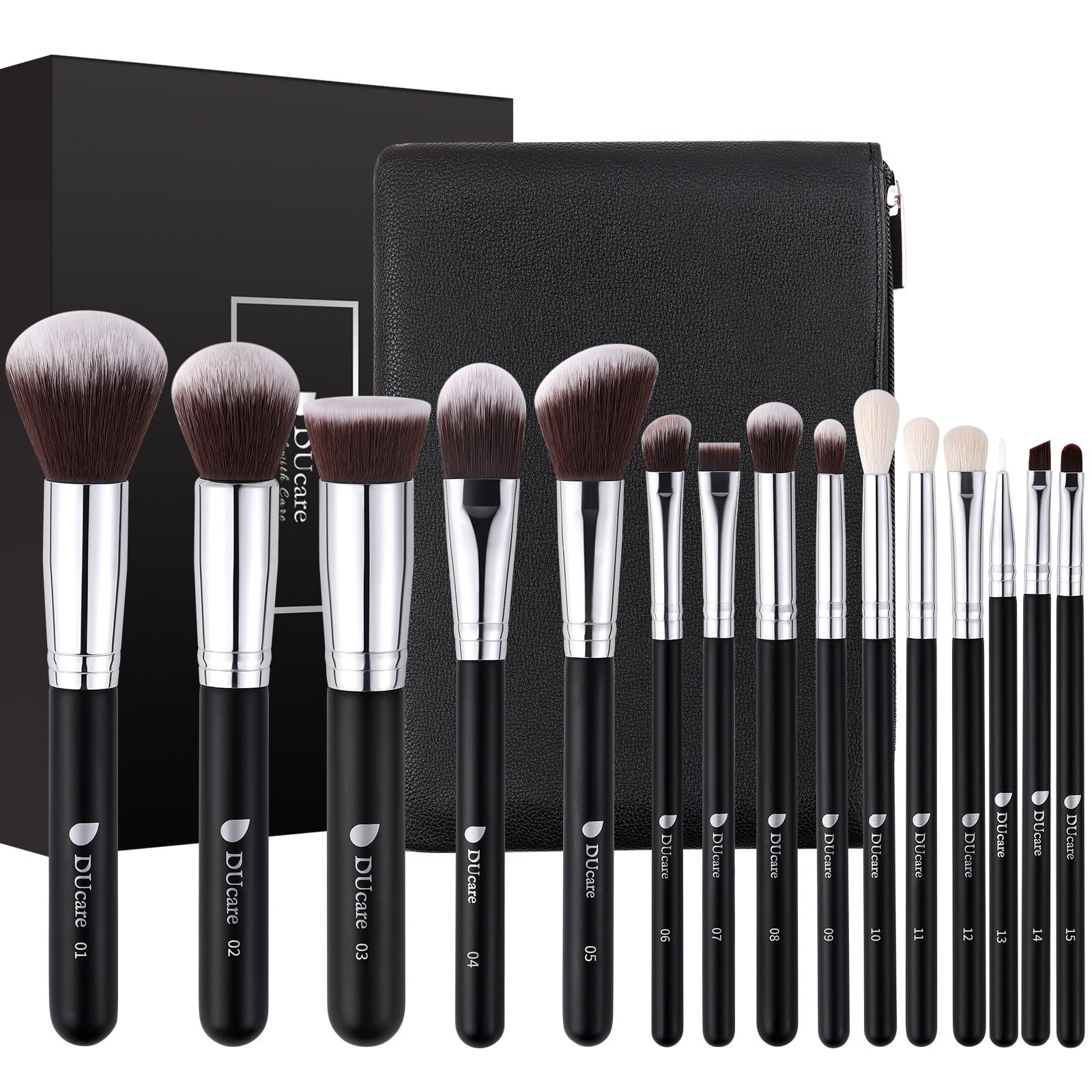DUCARE Premium Synthetic Kabuki Foundation Eyeshadow Makeup Brushes with Cosmetic Bag Set (Black), 15 Pcs
