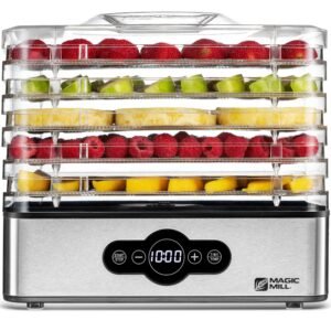 Magic Mill, Dehydrator | Digital Adjustable Timer and Temperature Control – Electric Food Preservation Machine with Powerful Drying Capacity (5 Stainless Steel Trays)