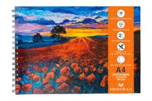 MENORAH – A4 Sketch Book – 140 GSM | (100 Pages/50 Sheets) | Metal Wire-O Bound Sketchbooks for Artists | Drawing Books – (21.0 X 29.7 Cm)- Poppy Field Design