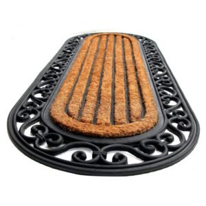 Onlymat Long Oval Entry Rug, Rubber and Coir Doormat with Non-Slip PVC Backing, Natural Coco Coir Large Front Door Mat with Design Border, Mat for Indoor-Outdoor Use, Brown & Black, 39″ x17.72”