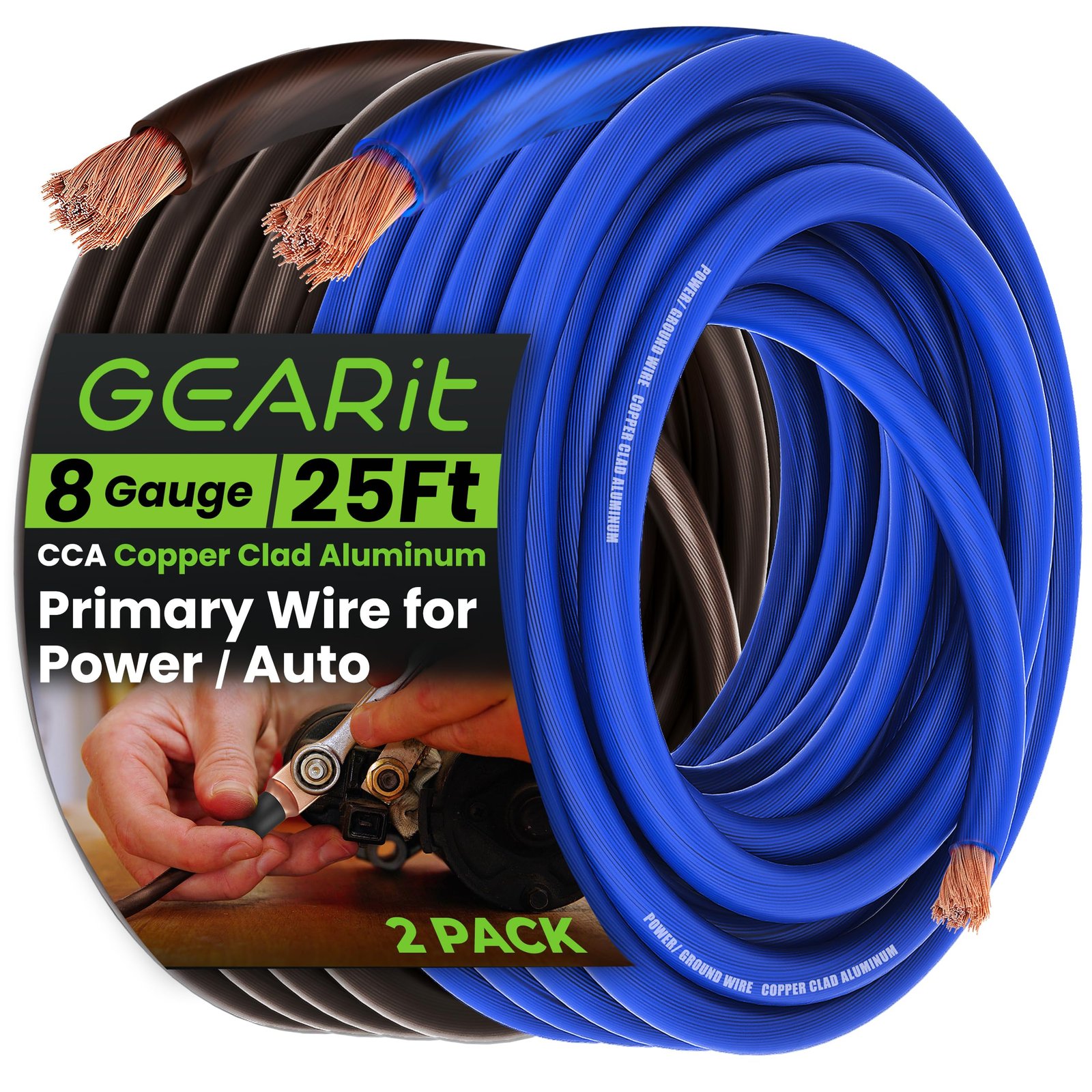 GearIT 8 Gauge Wire (25ft Each – Black/Blue) Copper Clad Aluminum CCA – Primary Automotive Wire Power/Ground, Battery Cable, Car Audio Speaker, RV Trailer, Amp, Wielding, Electrical 8ga AWG – 25 Feet