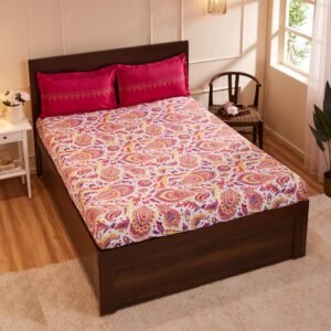 Amazon Brand – Solimo Paisley Preen 144 TC 100% Cotton Double Bedsheet with 2 Pillow Covers, Pink and Yellow