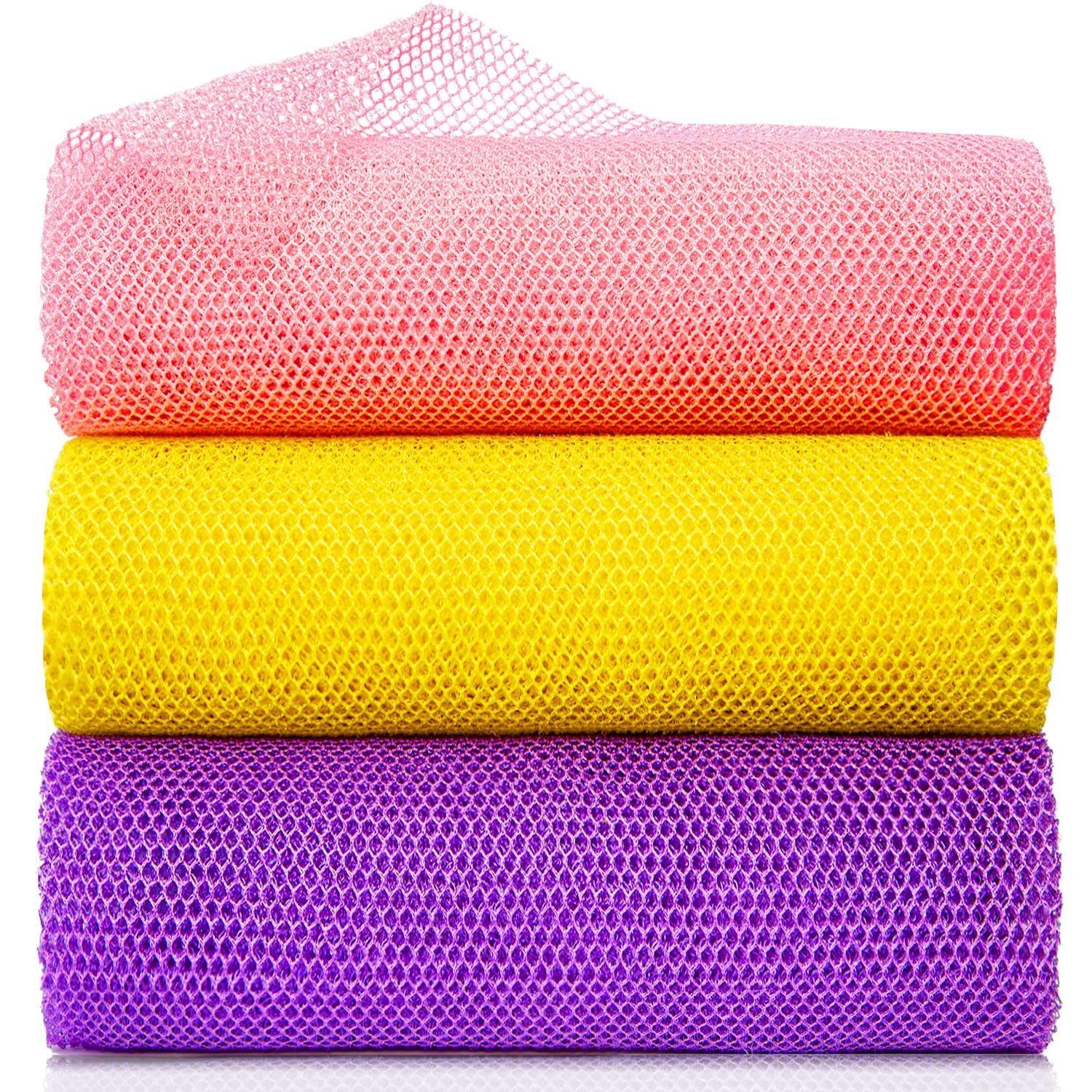 GIGULES, 3 African Net Bath Sponges – Exfoliating Scrubbers, Yellow, Pink, Purple