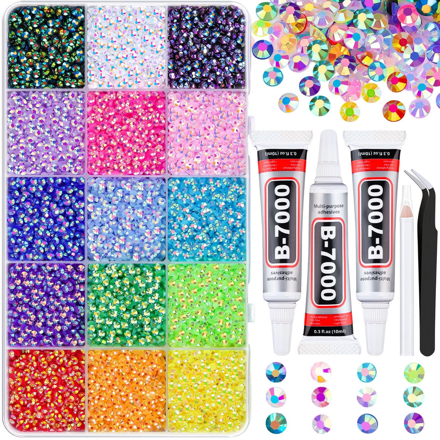 3mm Resin Jelly Rhinestones for Bedazzling Multicoloured Flatback Rainbow Gems Bedazzler Set of 3 10ml B7000 Jewelry Glue for Crafts Books Shoes