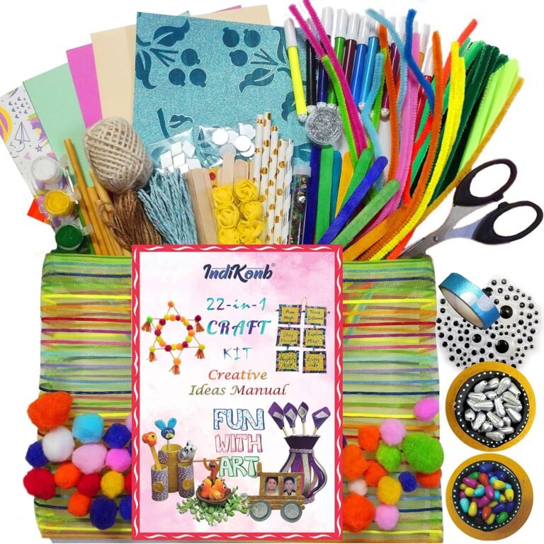 INDIKONB 22 in 1 Art and Craft Kit for Girls and Boys with Craft Supplies, Pipe Cleaners, Ice Cream Sticks, Paints & DIY Material Set