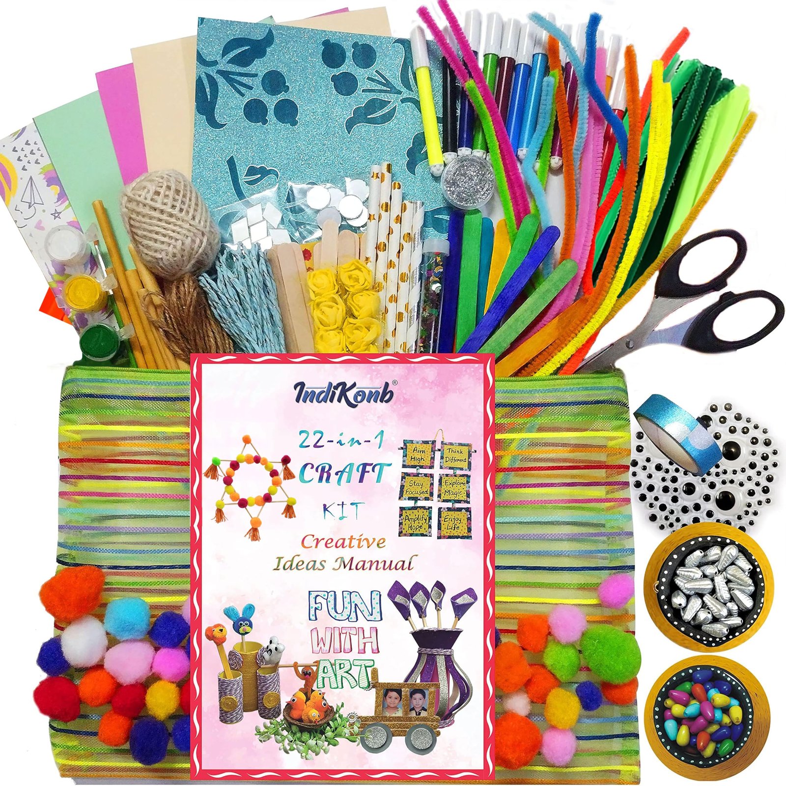 INDIKONB 22 in 1 Art and Craft Kit for Girls and Boys with Craft Supplies, Pipe Cleaners, Ice Cream Sticks, Paints & DIY Material Set