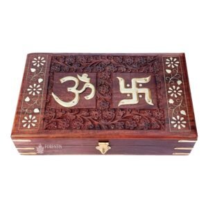Wooden Carved OM Box| Rosewood Jewellery Box| Kit| Vanity| Organiser For Women, Storage, Gold, Cash, Money, Good Luck| Shagun Gift| Pooja Temple Samagri (10×6 Inches, Pious Galaxy)
