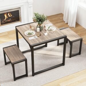 Gizoon Dining Table Set for 2, Kitchen Table Set for 2 with Steel Frame, Kitchen Table with 2 Benches for Small Space, Space Saving Dining Room Table Set for Restaurant, Kitchen, Living Room, Grey