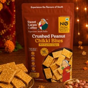 Sweet Karam Coffee Crushed Peanut Chikki Bites – 150g | No White Sugar or Preservatives | Jaggery Sweetened | Protein & Fiber Rich Gajak | Healthy Indian mithai Snack