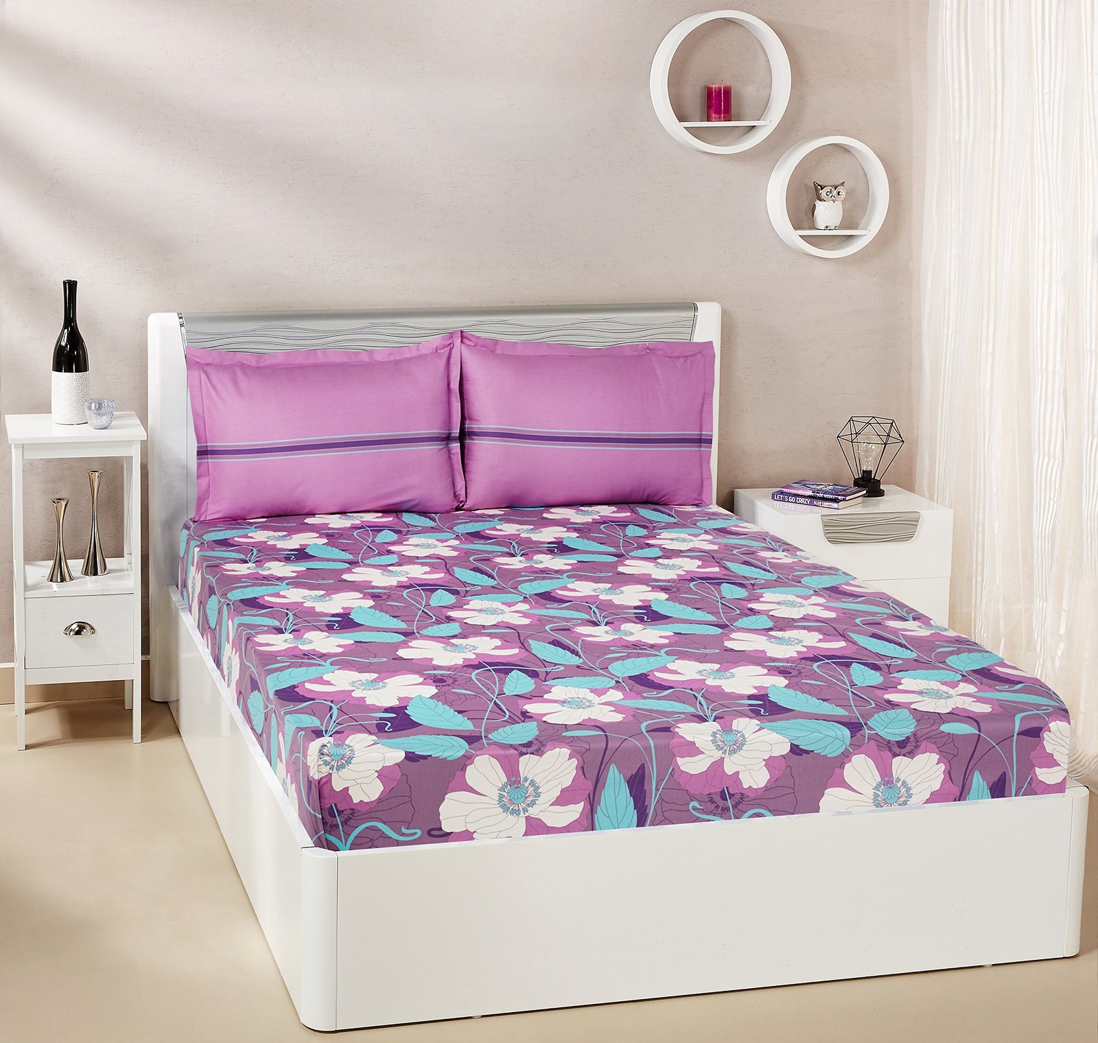 Amazon Brand – Solimo Floral Swirls 144 TC 100% Cotton Double Bedsheet with 2 Pillow Covers, Purple