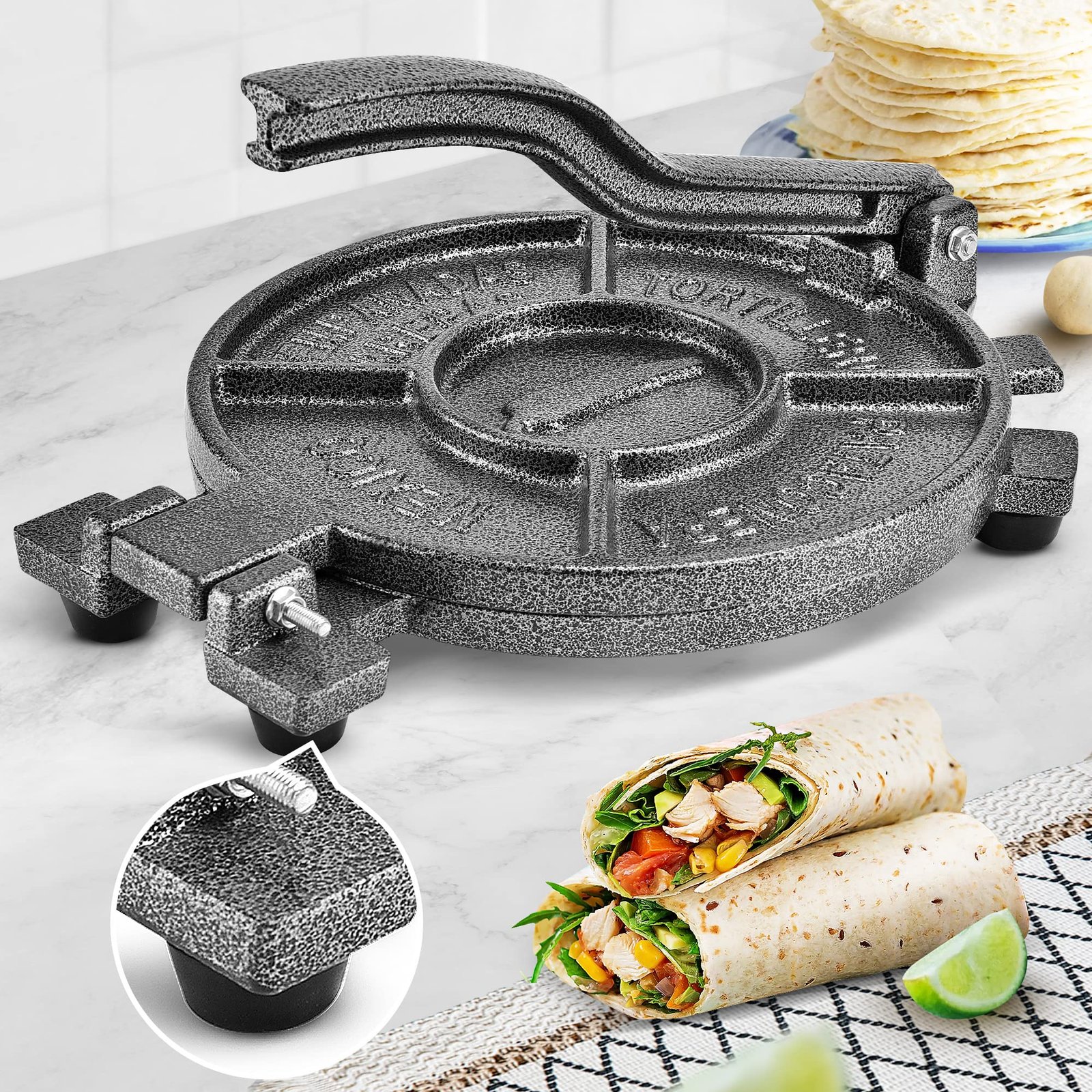 Tortilla Press, Cast Iron, ARC USA, Press surface diameter, Heavy Duty, Even Pressing -Black, 6.5″/7″/8″/10″ (10″)
