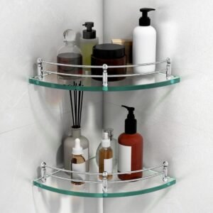 Plantex Glass Corner Shelf for Bathroom/Bathroom Glass Shelf/Bathroom Corner Shelf/Multipurpose Kitchen Wall Storage Organiser (Transparent-9×9 Inches- Pack of 2)