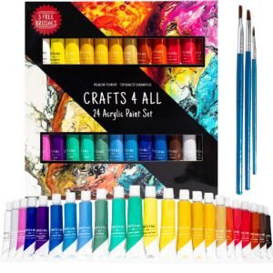 Crafts 4 ALL Acrylic Paint Set For Kids And Adults – 24 Pack Of 12Ml Craft Paint Colors For Wood, Canvas, Fabric And Ceramics W/ 3 Different Sized Brushes – Art Supplies, Multi