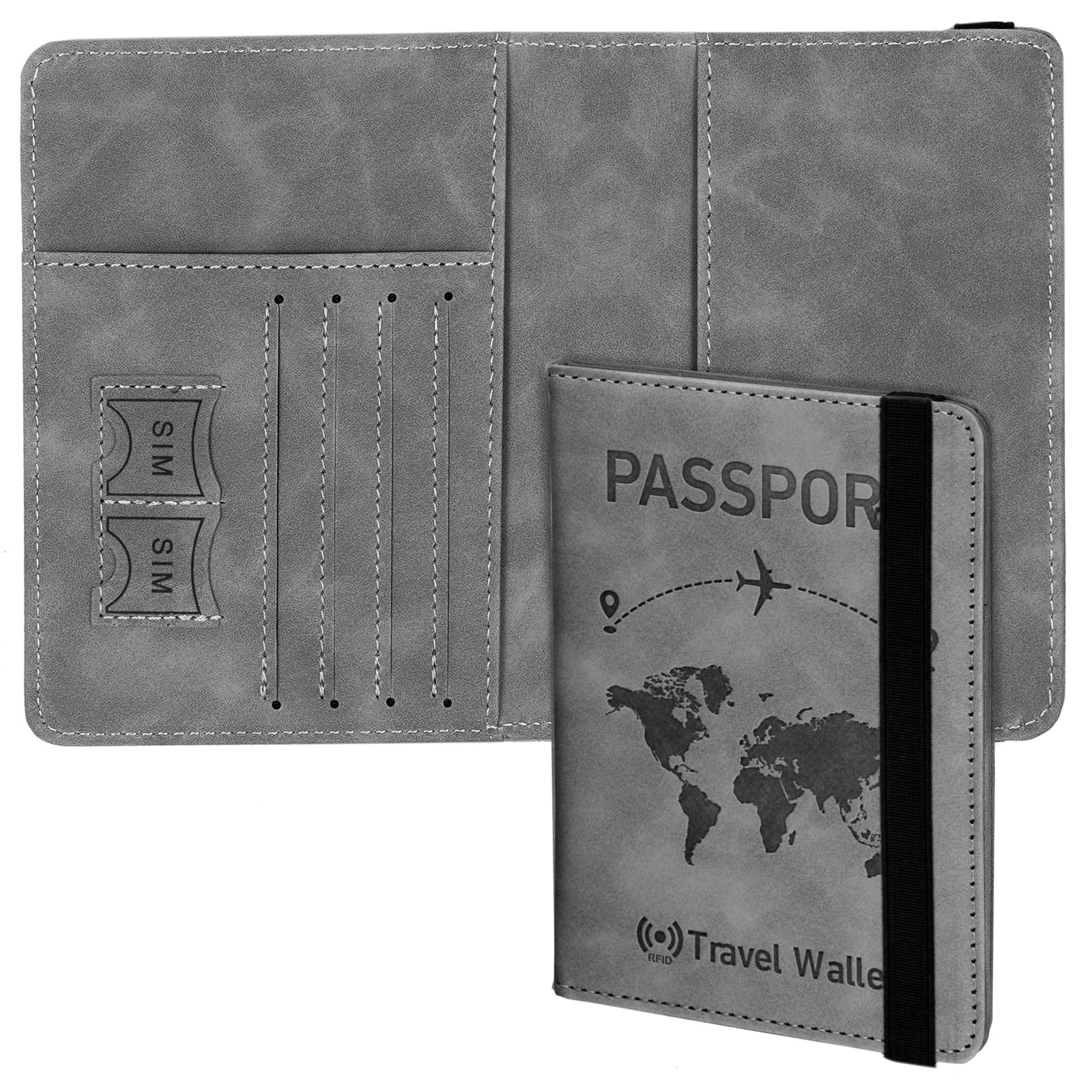 DAHSHA PU Leather Travel Passport Holder Cover Travel Wallet Organiser Passport Case Travel Document Organiser for Men & Women (RFID, Grey, 1-Pack)