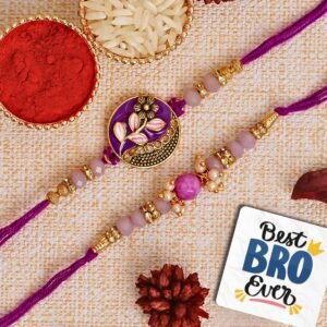 eCraftIndia Set of 2 Purple Floral & Pearl Designer Rakhis with Roli Chawal Pack and Best Bro Ever Fridge Magnet – Rakhi for Brother, Bhaiya, Bhai