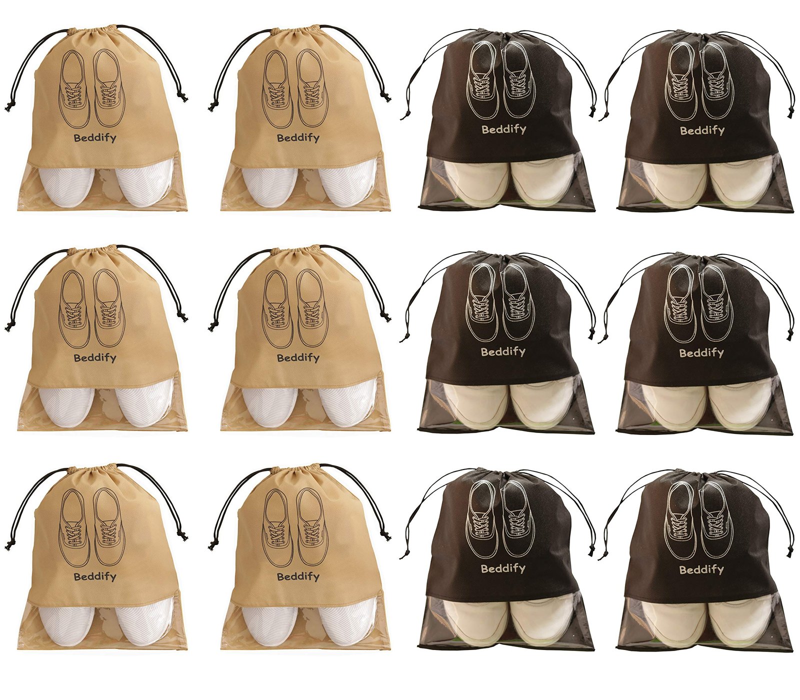 Beddify Pack of 12 Shoe Bags for Travel & Storage Travel Organizer for Women & Men Travel Accessories Shoe Organizer Shoe Pouches Travel Shoe Cover Travel Essentials (Black & Beige)