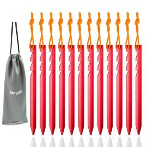 Aluminum Tent Stakes Pegs, 12-Pack Aluminum Ground Pegs with Reflective Pull Ropes, Heavy Duty Tri-Beam Metal Stakes Pegs for Backpacking Camping Tents Hammocks and Canopy (Red)