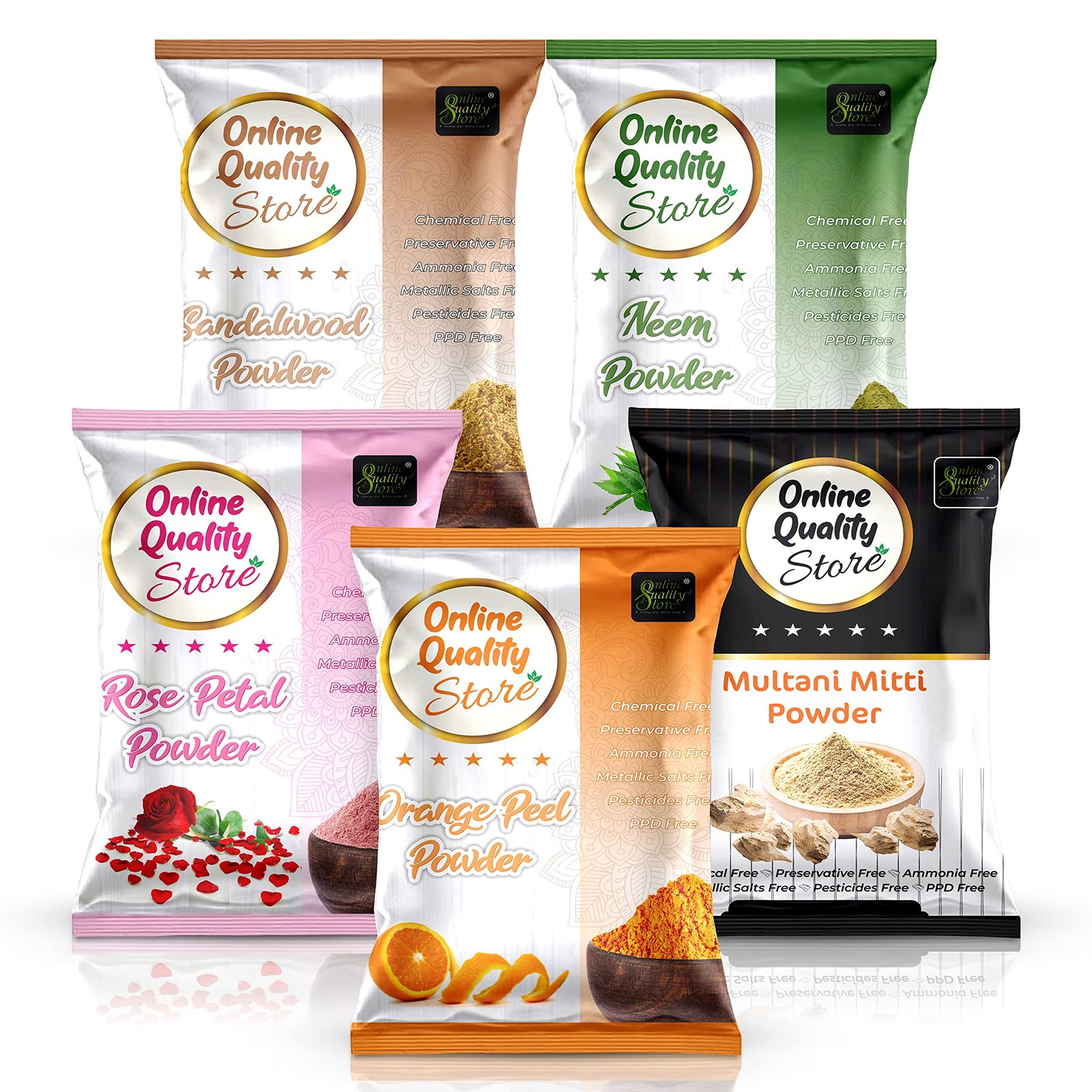 Online Quality Store Multani Mitti Powder + Chandan + Orange Peel + Neem + Rose Powder (Pack of 5) 400g