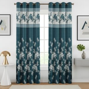Homefab India Jacquard Jute Curtains Room Darkening – Door 7 feet, Pack of 2 Curtain, Blue Floral