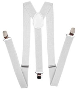 Navisima Adjustable Elastic Y Back Style Suspenders for Men and Women With Strong Metal Clips, White