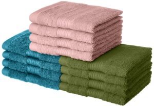 Amazon Brand – Solimo 100% Cotton 12 Piece Towel Set, 500 GSM (Turquoise Blue, Olive Green and Baby Pink)