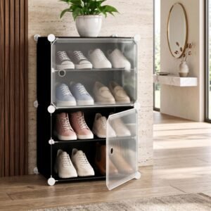 amazon basics DIY Foldable Shoe Rack | 4 Layer Plastic Shoes Rack with Door Cover | Multipurpose Stand for Home & Entryway Black
