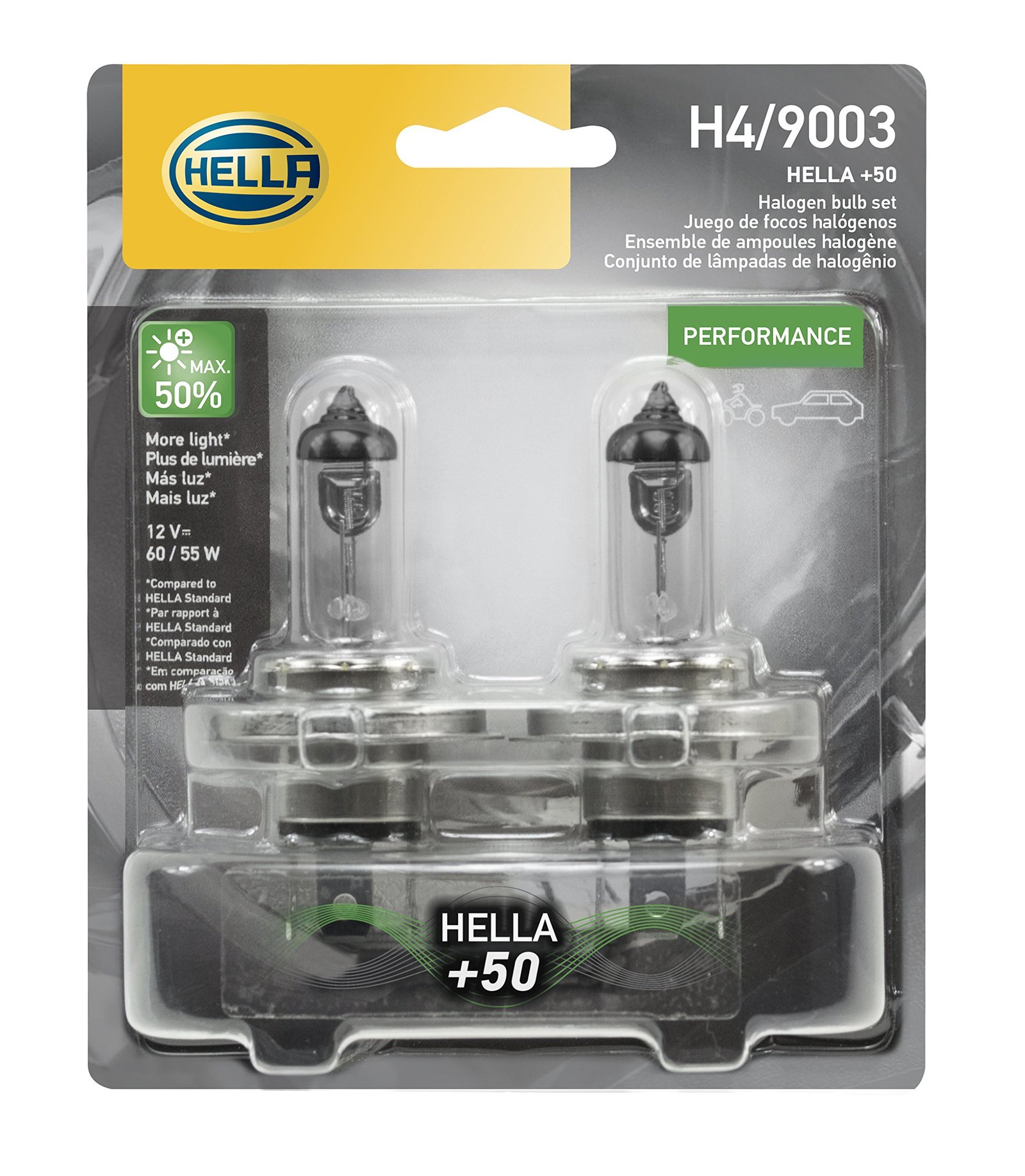 Hella H4P50TB + 50% Performance H4 Bulbs, 12V, 60/55W, Pack of 2 | Filament | Silver