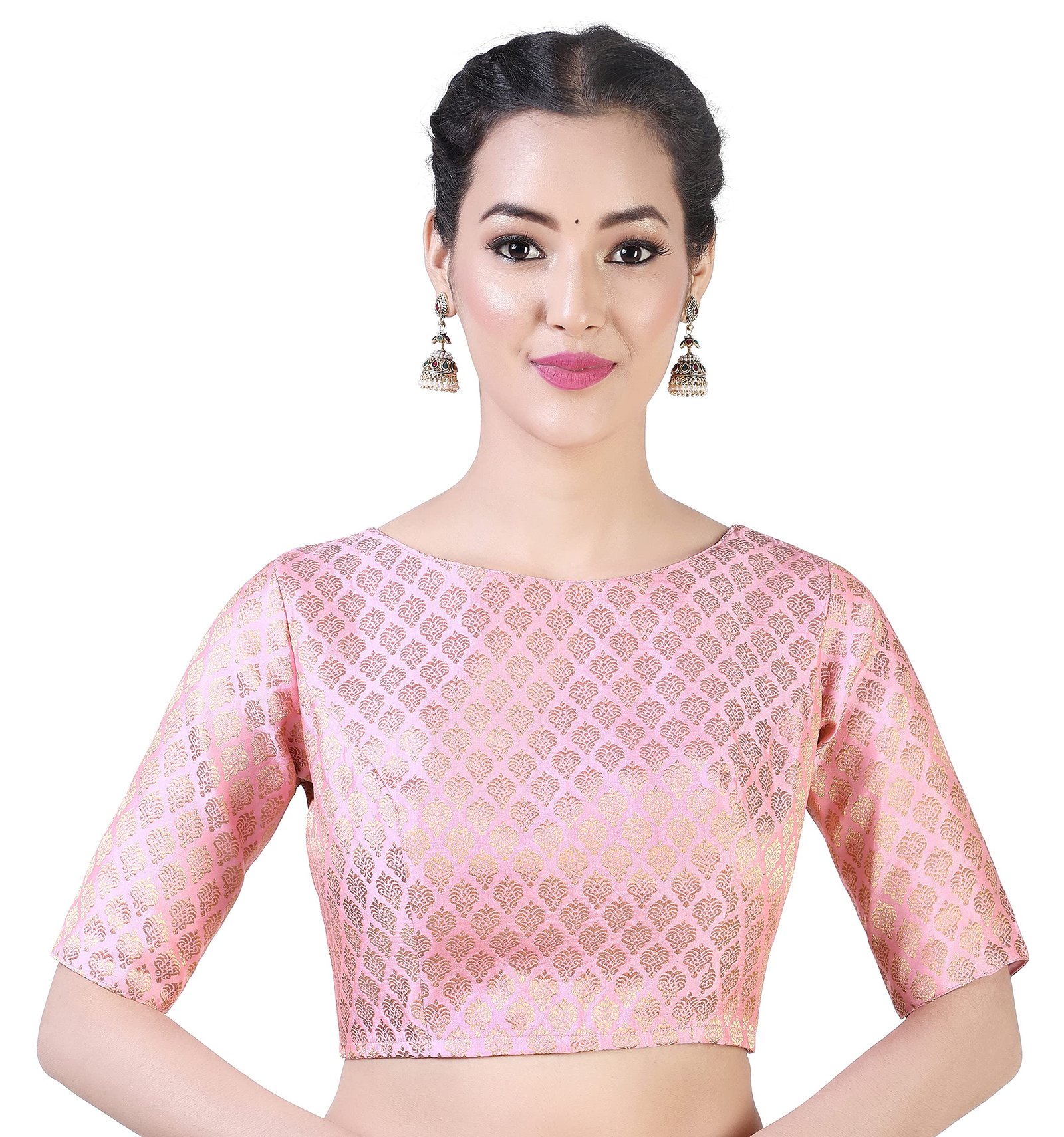 Studio Shringaar Women’s Readymade Pastel Brocade Elbow Length Sleeves Saree Blouse