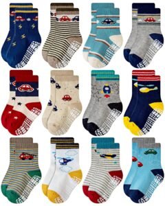 RATIVE Deluxe Non Skid Anti Slip Slipper Cotton Crew Socks With Grips For Baby Toddlers Kids Boys 3T 4T 5T (3-5 Years, 12 designs/RB-71112)