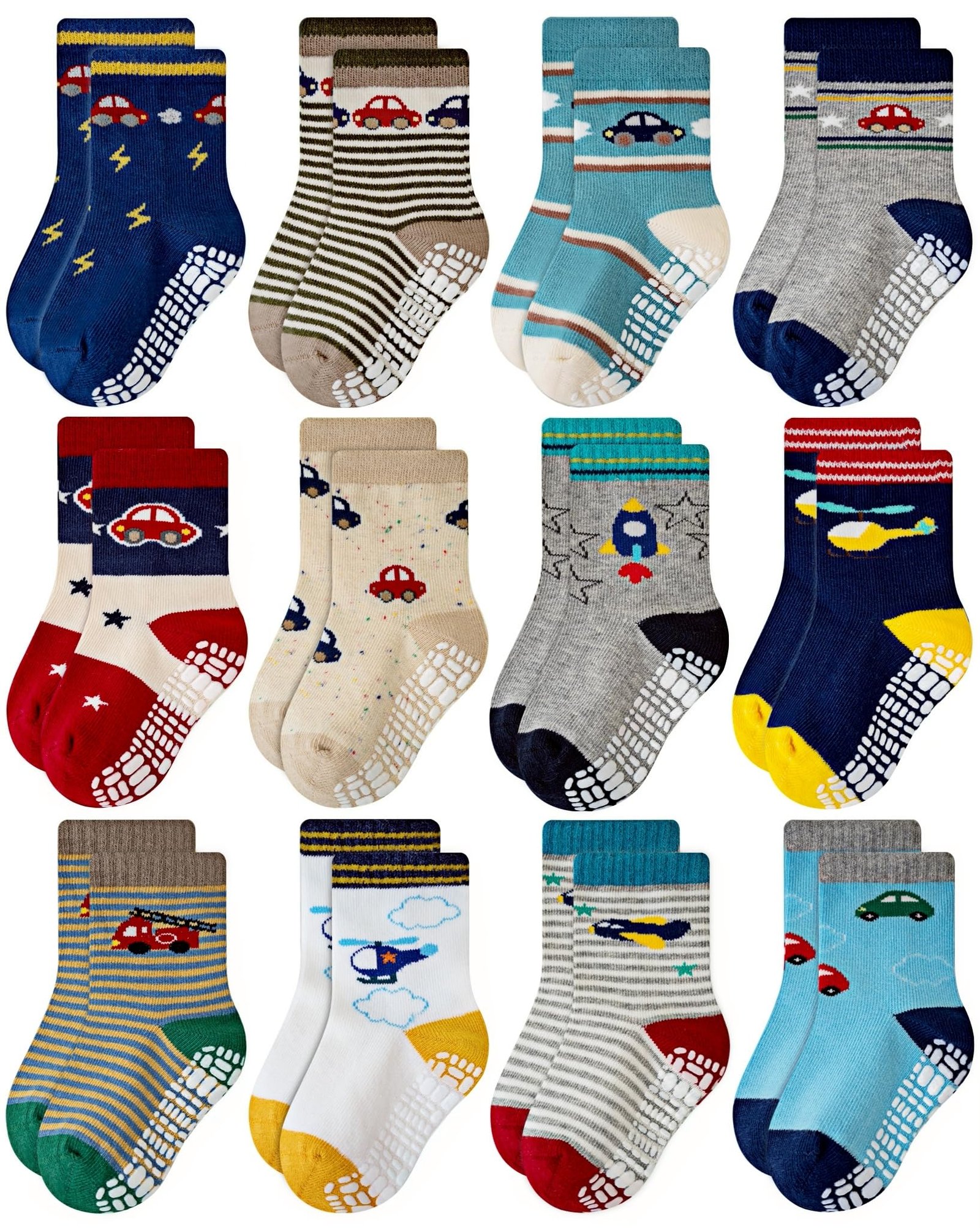 RATIVE Anti Skid Non Slip Slipper Cotton Crew Dress Socks With Grips For Baby Walker Toddlers Kids Boys 2T 3T (18-36 Months, 12 designs/RB-71112)