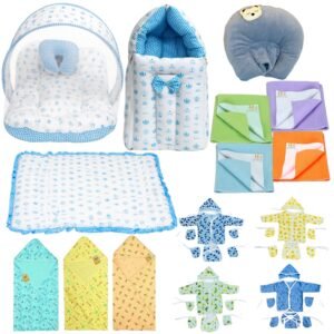 Infantbond by fareto Newborn Baby Bedding Essentials | Daily Needs Items | Hopsital kit Ready Combo | Baby Products All (Pack of 32) (0-6months)(Taj Blue)