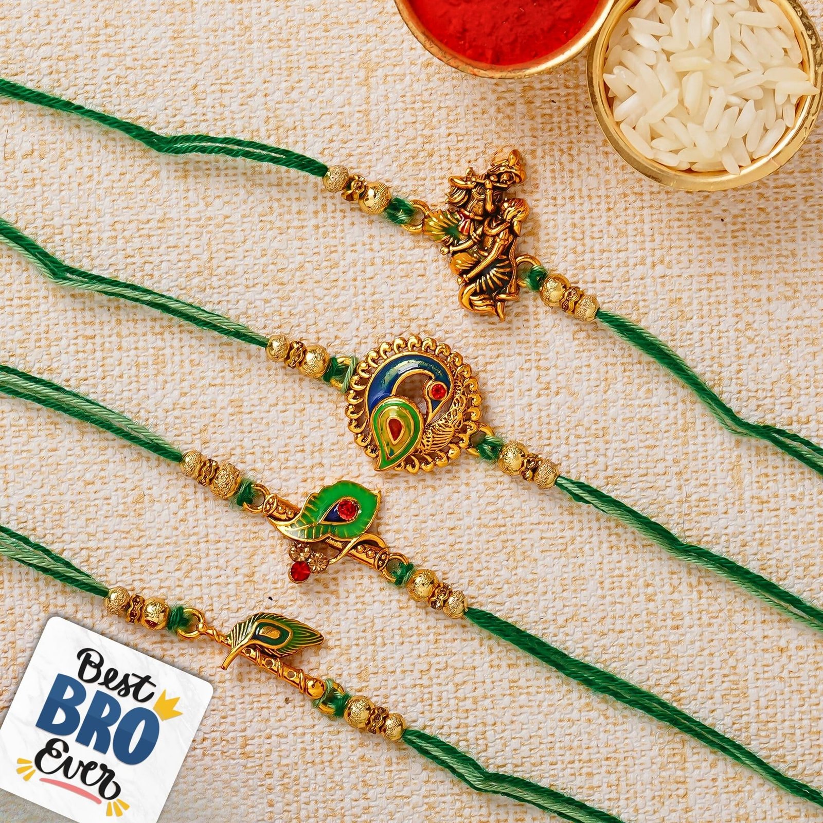 eCraftIndia Set of 4 Multicolor Radha Krishna Playing Flute, Peacock, Krishna Flute, Peacock Feather Designer Religious Rakhis with Roli Chawal Pack and Best Bro Ever Fridge Magnet – Rakhi for Brother
