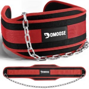 DMoose Fitness Dip Belt for Weight Lifting, Pullup, Squats & Dips – 36″ Robust Steel Chain & Comfortable Neoprene Padding Supports 350lbs, Gym Weight Belt for Strength Training Workout (Red)