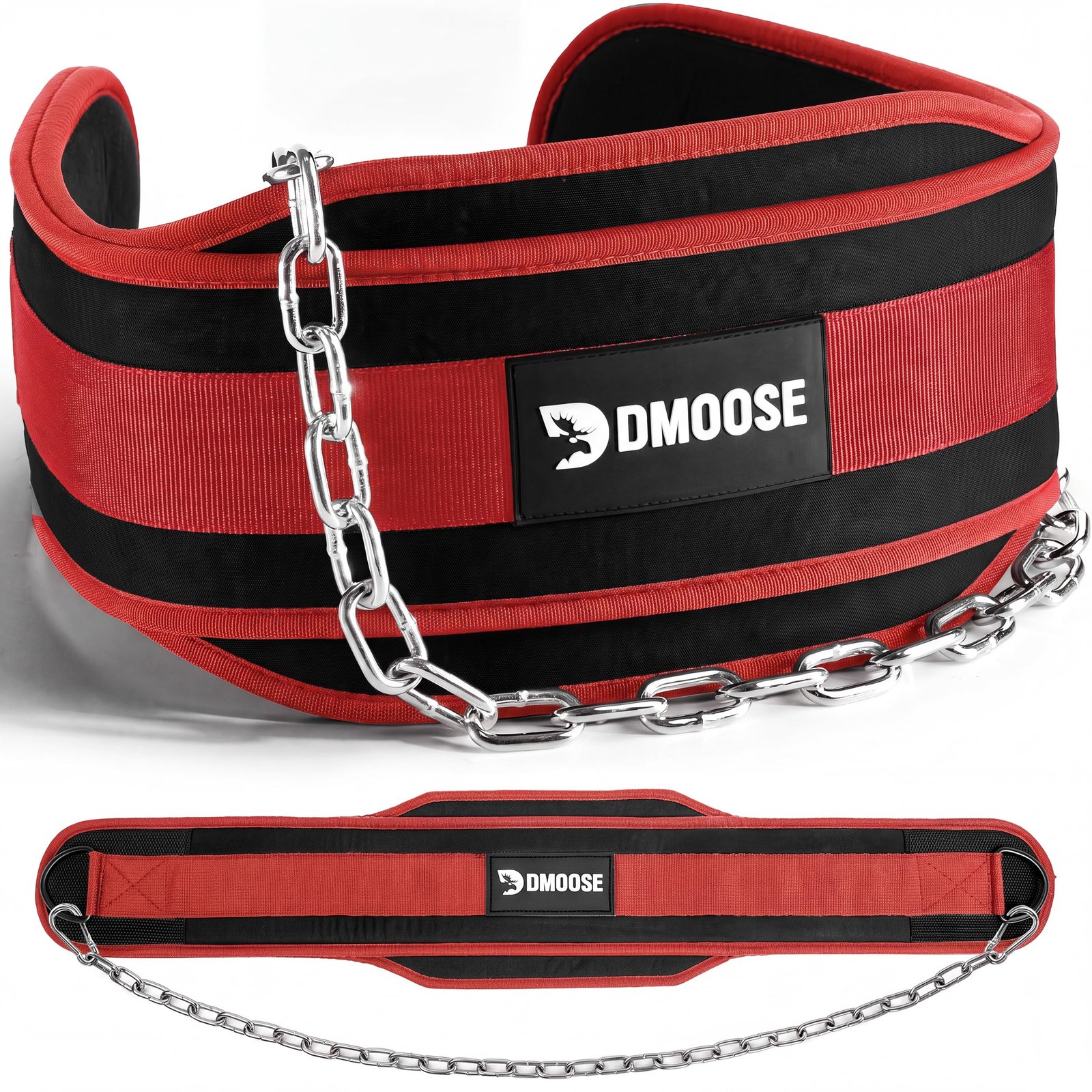 DMoose Fitness Dip Belt for Weight Lifting, Pullup, Squats & Dips – 36″ Robust Steel Chain & Comfortable Neoprene Padding Supports 350lbs, Gym Weight Belt for Strength Training Workout (Red)