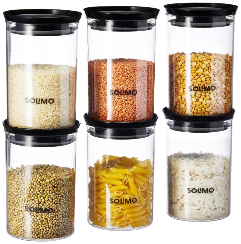 Amazon Brand – Solimo Plastic Storage Jar and Container Set I Air Tight & BPA Free Containers For Kitchen Storage Set I Grocery Kitchen Container Set I Multipurpose Jar, 900 Ml Each, Set 6, Black
