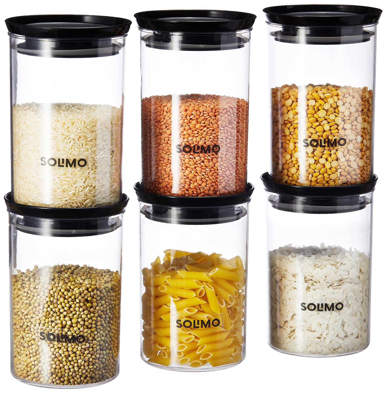 Amazon Brand – Solimo Plastic Storage Jar and Container Set I Air Tight & BPA Free Containers For Kitchen Storage Set I Grocery Kitchen Container Set I Multipurpose Jar, 900 Ml Each, Set 6, Black