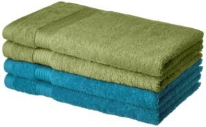 Amazon Brand – Solimo 100% Cotton 4 Piece Hand Towel Set, 500 GSM (Olive Green and Turquoise Blue)