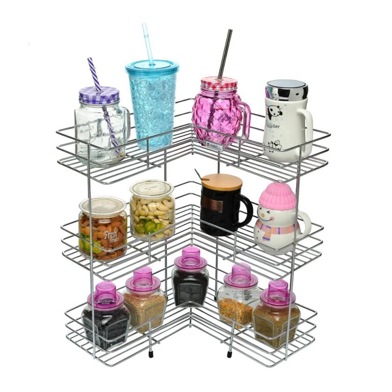 3-Shelf Stainless Steel L-Shape Storage Stand, Multipurpose Storage Rack/Shelf for Kitchen & Bathroom, Wall/Counter Top Mount, Chrome Finish