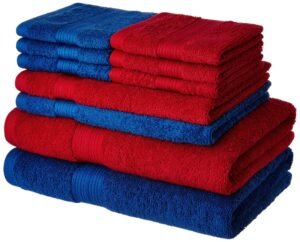 Amazon Brand – Solimo 100% Cotton 10 Piece Towel Set, 500 GSM (Iris Blue and Spanish Red)