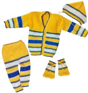 little PANDA Baby Sweater for Baby Boys & Baby Girls Woollen Full Sleeves, V Neck Sweater Top, Bottom, Cap & Booties Set
