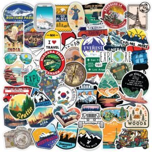 60-Pack Travel Stickers – Waterproof Vinyl Self-Adhesive Decals for Laptop, Luggage, Backpack, Journal, Scrapbook, Bike & Accessories – Residue-Free Travel-Themed Sticker Set